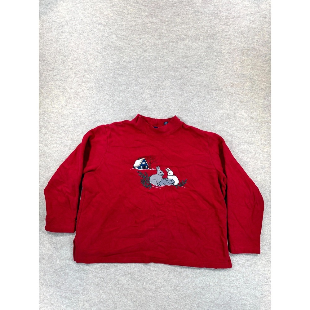 VTG Karen Scott Red Winter Sweatshirt XL Snow House Rabbits Graphic Pullover